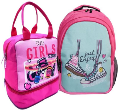 Echo Boomers Shoes Design Backpack & Pink Girls Double Layer Insulated Tiffin Combo Set 5 L Backpack(Multicolor)