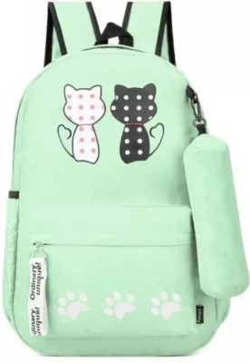 HouseOfCommon Women Bagpack School Office College Girls Cute Cat Printed with Pouch 10 L Backpack(Green)