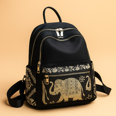 speginic Black Backpack with Golden Elephant Print, Multi Pocket, Durable & Trendy 15 L Backpack(Black)