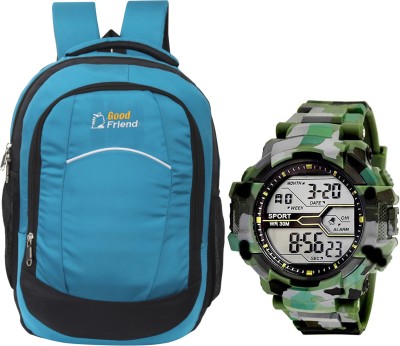 Good Friend Casual/Travel/College Backpack for 15.6-inch Laptop & Digital Army Watch Combo 40 L Laptop Backpack(Blue, Green)