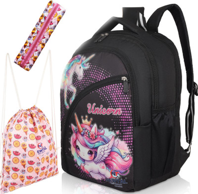 newtal Unicorn School Backpack Set with Pencil Case and Drawstring Bag, Black and Pink, 20 L Backpack(Black)