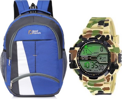 Good Friend 15.6 inch Strong School, College, New Backpack & Combo Digital Sport Watch Army 35 L Laptop Backpack(Blue)