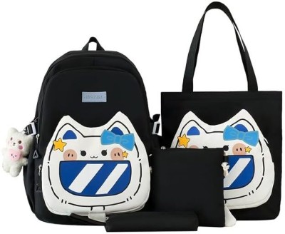 Yindella 4-Piece Cartoon Cat Backpack Set with Tote Bag Cute 19 L Backpack(Black)