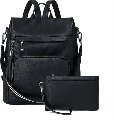 PRAUSHA Premium Vegan Leather Women’s Backpack with pouch, Spacious & Multi-Functional 20 L Backpack(Black)