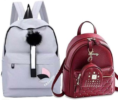 HouseOfCommon Small 10 L Combo Backpack PU Leather College Backpack For Women (Maroon,Gray) 25 L Backpack(Maroon, Grey)