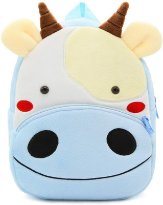 HappyChild ( Cow Design ) Plush bag with 2 Compartment Plush Bag (12 L) School Bag Backpack(Blue, Brown, White, 12 L)