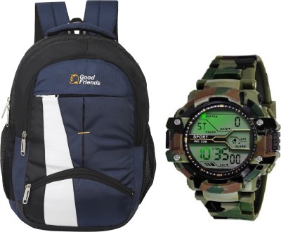 Good Friend 15.6 inch Strong School, College, New Backpack & Combo Digital Sport Green Watch 35 L Laptop Backpack(Blue)