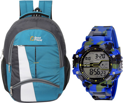 Good Friend Water Resistant Casual Travel Bag/College Bag/School Office Bag & Army Watch 35 L Laptop Backpack(Blue)