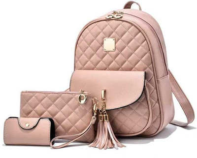 Cleto Elegant Peach Quilted Faux Leather Backpack Set for Women – 3-in-1 Combo 20 L Backpack(Pink)