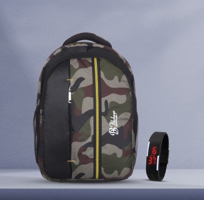 blutech Polyester 36 Liters Waterproof Camouflage School Backpack+Black Digital LED Free Waterproof School Bag(Dark Green, 36 L)