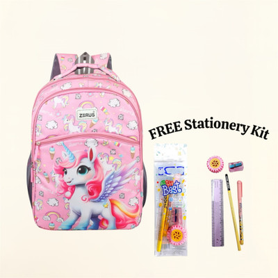 ZERUS Cute Unicorn Print Kids Backpack Combo with Stationery Kit for Girls Gift Waterproof School Bag(Pink, 20 L)