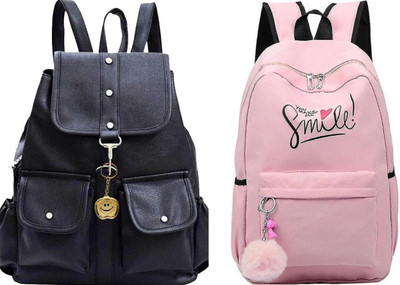 Shishtha B_BLK-4PKT-BACKPACK-SINGLE & SMILE-PRINT-1PC_xy Laptop Bag(Black, Pink)