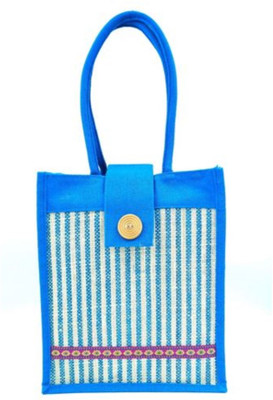 unity enterprise Jute Bag With Printed Stripes Multipurpose Bag(Light Blue, 10 L)
