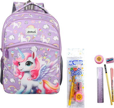 ZERUS Cute Unicorn Print Kids Backpack Combo with Stationery Kit for Girls Boys Waterproof School Bag(Purple, 20 L)
