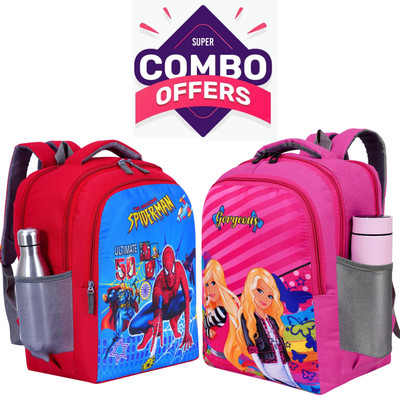 ELONONE (1 barbie and 1 spiderman)COMBO PAKE For 1st class TO 5th class Waterproof School Bag(Red, Pink, 30 L)