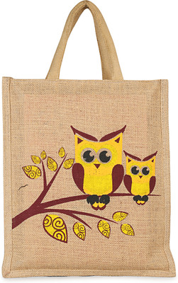 KITTI Eco Friendly| Lunch | Tota Jute Bag| Tiffin Bag With Zip Waterproof owl print Waterproof Lunch Bag(Cream, Multicolor, 5 L)