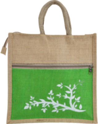BagVilla Tree Print Jute Reusable Eco-Friendly Hand Bag/Grocery Bag With Handle Waterproof Multipurpose Bag(Green, 5 L)