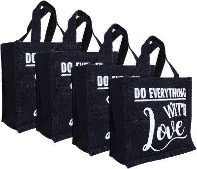 KUBER INDUSTRIES Lunch Bag|Do Everything With Love Print Tiffin Carry Hand bag,Pack of 4 (Black) Lunch Bag(Black, 2 L)