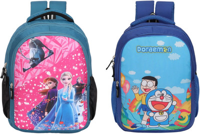 JUMRPAE New Frozen & Doraemon Character Printed Backpack (NUR/LKG/UKG/1st/2nd Class) Waterproof School Bag(Light Blue, Blue, 25 L)