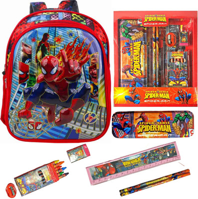 Prezzie Villa 8pcs Spiderman Bag Pencil Box, Pencil, Crayons, Eraser, Ruler Sharpener Combo Waterproof Backpack(Multicolor, 13 inch)