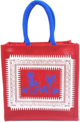 unity enterprise Jute Bag With Warli Print Multipurpose Bag(Red, Pink, 10 L)