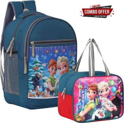 LINOX Frozen Combo School and Lunch bag Class Nursery to 2nd Waterproof School Bag(Blue, Red, 25 L)