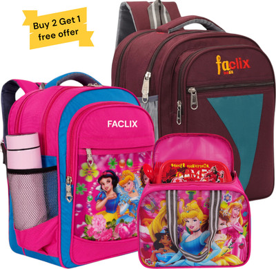 FACLIX 1st/2nd/3rd/4th & 5th Class School Bag + Lunch Bag Combo for Girls Waterproof School Bag(Pink, Purple, 35 L)