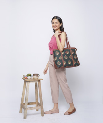 ZOUK Royal Green Mogra Handmade Vegan Leather Women's Office Bag with double handle Shoulder Bag(Green, 5 L)