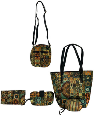 Craferia Export Printed Casual Tote Combo Handbag With Set Of 5 Ethnic Collection Shoulder Bag(Green, Multicolor, 20 inch)