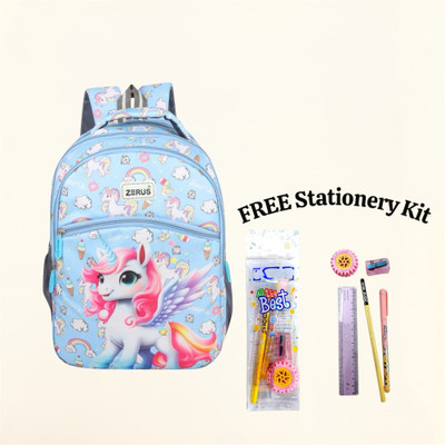 ZERUS Stylish Cartoon Print Girls Backpack Combo with Stationery Kit for Daily Use Waterproof School Bag(Light Blue, 20 L)