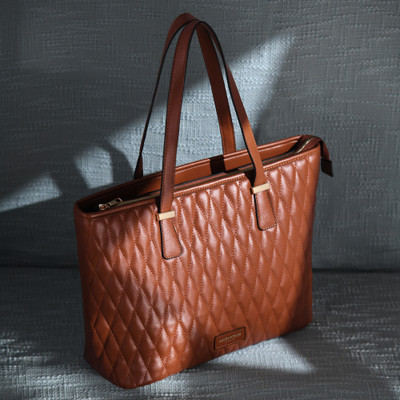 ACCESSORIZE LONDON Women's Faux Leather Tan Lannister quilted tote Bag Shoulder Bag(Tan, 5 L)