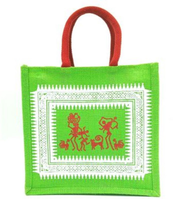 unity enterprise Jute Bag With Warli Print Multipurpose Bag(Light Green, 10 L)