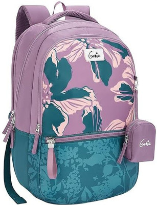 Genie Noah School backpack for girls,19”40L, 3 compartment with Rain Cover,Happy Pouch Waterproof School Bag(Dark Green, Purple, 40 L)