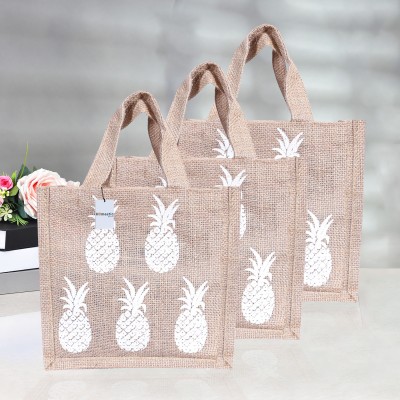 HOMESTIC Jute 'Pineapple' Lunch Bag with Handle for office|Small|Pack of 3|Brown Lunch Bag(Brown, 6 L)