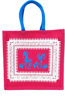 unity enterprise Jute Bag With Warli Print Multipurpose Bag(Pink, 10 L)