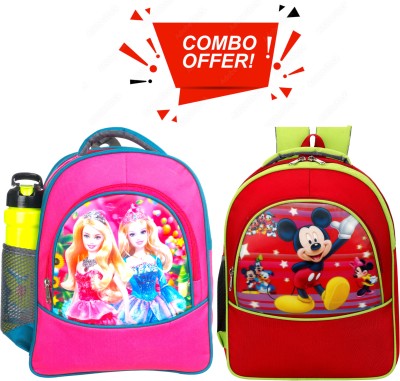 Myron Mickey Mouse & Barbie Combo 16×12 inch Pre-School For Nursery(LKG/UKG/1st Std) Waterproof School Bag(Pink, Light Green, 30 L)