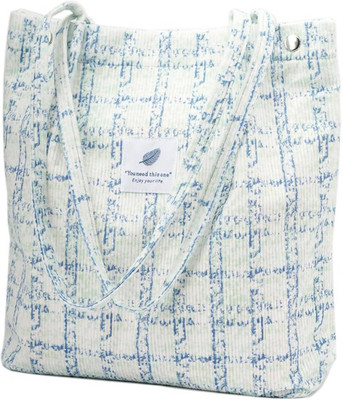 Egab Women Corduroy Shoulder Tote Bag for Work Beach, Travel (Blue Chekerd) Shoulder Bag(Black, White, 15 L)