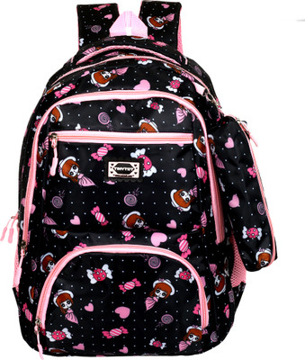 Tinytot Black School Backpack with Pencil Pouch for 3rd - 10th Std. , Age 7 to 15 Waterproof School Bag(Black, Pink, 26 L)