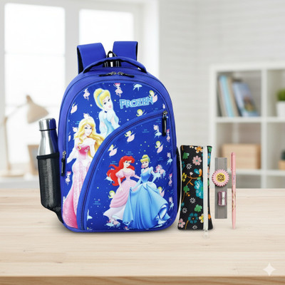 ZERUS Princess Print Backpack with Pencil Kit Combo for Girls Kids Tuition Travel Waterproof School Bag(Blue, 21 L)