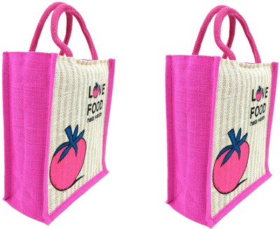 unity enterprise Jute Bag Love Food Stripe Jute Model for Multi-Purpose Use (SET OF TWO BAGS) Multipurpose Bag(Pink, 10 L)