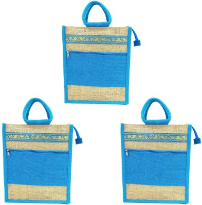 unity enterprise Jute Bag Double Chain With Lace (PACK OF THREE BAGS) Multipurpose Bag(Blue, 10 L)