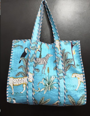 Global handicrft studio Hand made Cotton printed Tote Bag Shoulder Bag(Blue, 17 L)