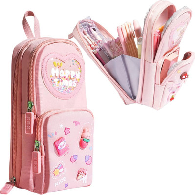 VENDIFY 3 Compartments Durable Storage Multiple Pencil Pouch for Kids solid Art Canvas Pencil Box(Set of 1, Pink)