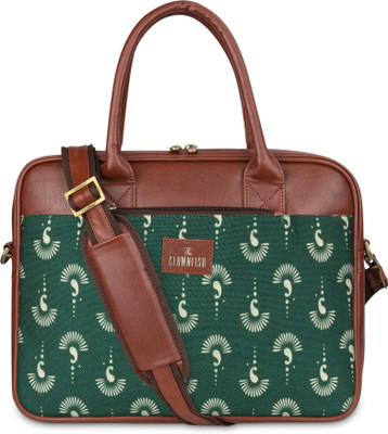 The CLOWNFISH Deborah 15.6 inch Laptop Bag For Women Printed Handicraft Fabric (Bottle Green) Messenger Bag(Green, 16 inch)
