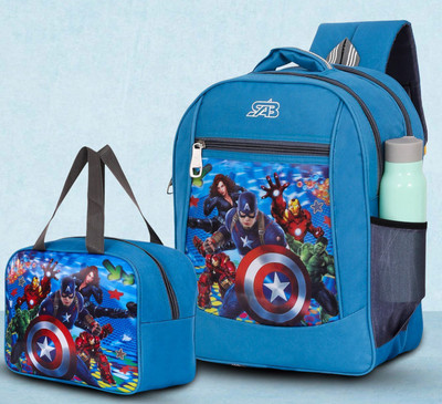 SABEmporium Cartoon Print Backpack with Lunch Bag | Durable Kids Combo Set Nur to 2nd Std Waterproof School Bag(Light Blue, 30 L)