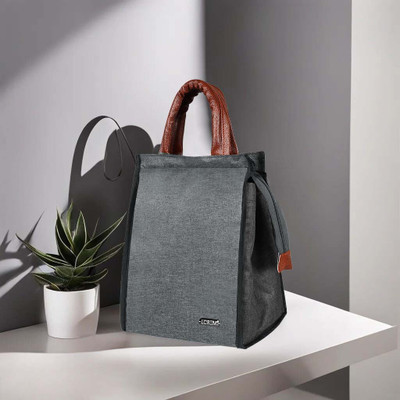 LOREM Grey-Tan Faux Leather & Linen PVC Cotted Fabric Tiffin + Picnic bag DB-TB08 Lunch Bag(Grey, 11 L)