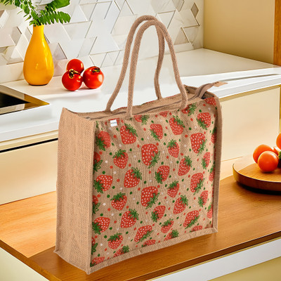 HOMESTIC by Kuber Industries Reusable Jute Lunch Bags for Men/Women | Strawberry Print - Red & Brown Lunch Bag(Red, Brown, 18 L)
