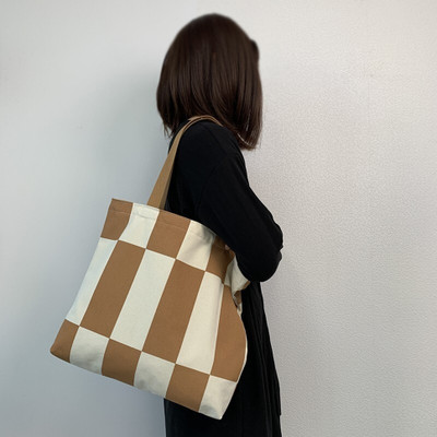KILLFE Printing Large Canvas Shopping Bag Beach Tote Bag white & brown checked Patten Shoulder Bag(Multicolor, 16 L)