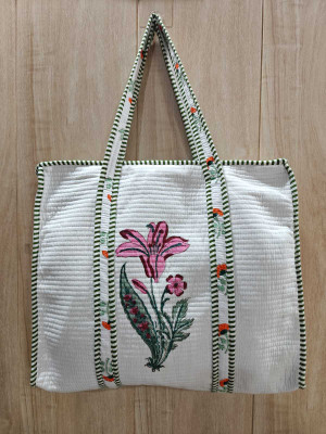 SPSON'S HANDLOOM Cotton Tote Bag for Women – Floral Embroidery, Lightweight & Spacious Multipurpose Bag(White, Green, 20 L)