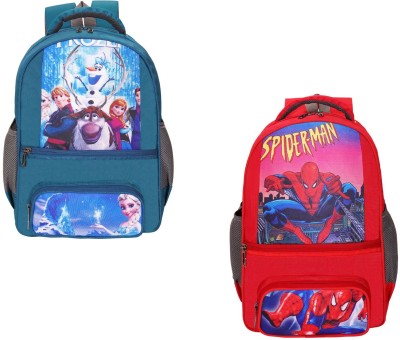 Wayaq 2pc Combo Super Hero Kids Bag - 1st 2nd 3rd 4th 5th Class Girls & Boys Waterproof School Bag(Light Blue, Red, 18 L)